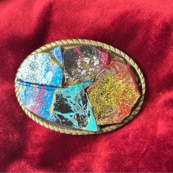 Repurposed BELT BUCKLE OOAK Hand Painted Mosaic Tiles Cluster Artisan Unisex - Picture 3 of 17